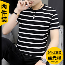 Silk light cotton short sleeve T-shirt male 2022 new summer black and white striped half sleeve sea soul shirt ice silk blouse Compassionate Tide