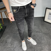 Summer slim fit mens jeans trendy smoke grey workout small footed spring fall casual long pants man 90%