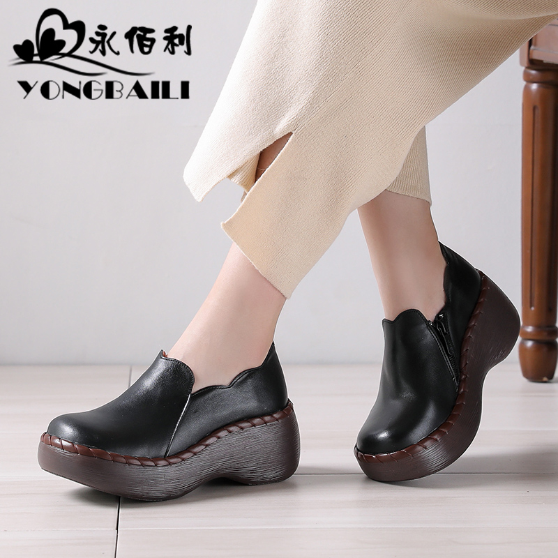 Yongbaili Spring 2019 New Fashion Muffin and Cowskin Single Shoes Women's High-heeled and Thick-soled Recreational Retro Cowskin Women's Shoes