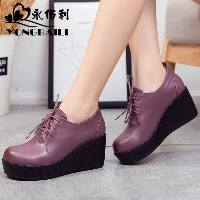 Yongbaili New Fashion Thick-soled Leather Single Shoes in Spring and Autumn of 2019 Women's Muffin Cake with Round Head and Slope High-heeled Shoes