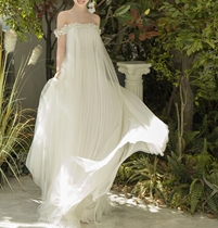 One-word shoulder light wedding dress small tail dream super Fairy Forest wedding dress simple thin bride high waist pregnant woman small man