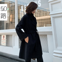 Black double-sided cashmere coat womens long model 2021 new high-end wool autumn and winter small woolen coat