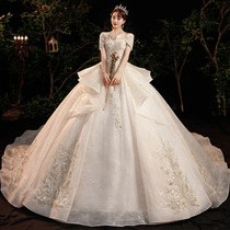 Wedding dress 2021 New Bride wedding dress French word shoulder heavy industry luxury big tailing Super Flash high end small man