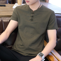 Mens short-sleeved T-shirt summer Tide brand Youth Buddha mens vintage Chinese style cotton linen ancient style Han clothing Tang suit men