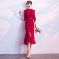Bride toast gown 2023 new high - level refined red lace fishtail engagement dress dress woman