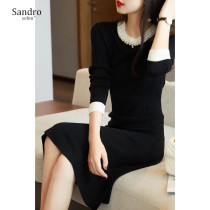 Sandro selen round neck elegant pearl stitching sleeve A slim wool knitted small black dress women