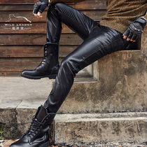 Leather pants mens Spring and Autumn New slim punk Harley washed leather pants motorcycle riding windshield motorcycle puleather trousers