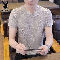 Playboy new t-shirt mens summer ice silk thin section half-sleeve top clothes v-neck short-sleeved mens fashion brand t-shirt