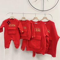 New Years parent-child family of four qiu dong kuan plus velvet thickening ox New Year serve red Tang suit hoodie
