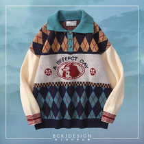 BCKJ original designer brand autumn and winter Korean retro diamond color matching couple casual loose lapel knitwear