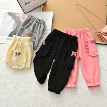 Spring and autumn tie-up pants fat little girl spring bloomers loose casual Childrens leather band cotton trousers childrens loose