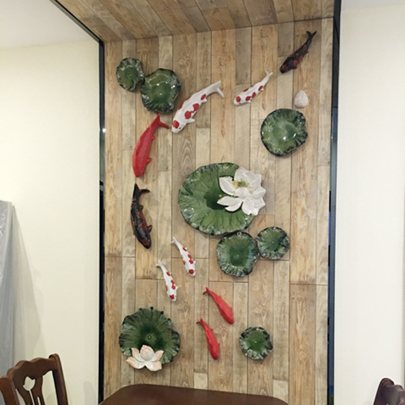 New Chinese ceramic lotus carp wall wall hanging living room sofa background wall decoration three-dimensional pendant wall decoration