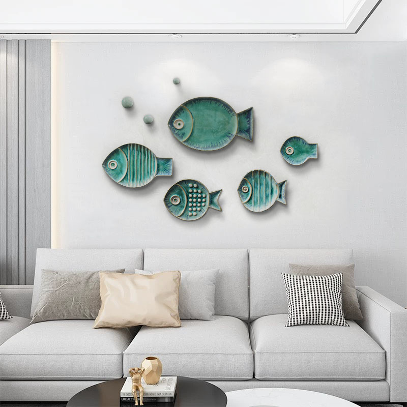 Creative Mediterranean ceramic fish starfish wall decoration living room dining room background wall decoration three-dimensional 3d pendant wall hanging