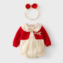 Net red baby clothes autumn and winter Korean version of foreign girl baby full moon 100 days old dress thickened plus velvet jumpsuit