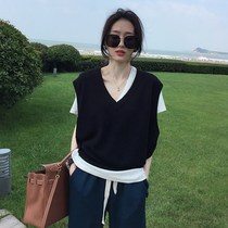 Hong Kong black knitted waistcoat womens loose thin early autumn blouse V collar waistcoat vest sweater