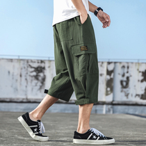 Tide brand fat linen three-point pants mens shorts plus fat plus size velcro straight casual pants Cotton and hemp pants men