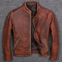 The first layer of cowhide leather leather leather mens vintage short slim stand collar casual locomotive clothing pure leather jacket jacket