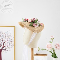 Straw artificial flower plant handmade diy headwear performance photography photo hair ornaments lace strap straw hat female hat