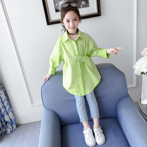 Girls  long shirts spring and autumn 2021 new Korean foreign style childrens middle and large childrens net red loose bottoming shirt trend