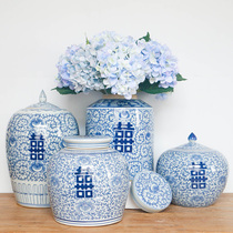 New Chinese classical blue and white porcelain double hi character ceramic storage jar ornament home entrance TV cabinet wine cabinet decorations
