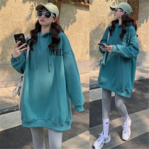Pregnant womens autumn and winter suits large size hooded pullover clothes womens loose medium length plus velvet topped jacket