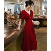 Toast dress The bride can usually wear burgundy summer engagement dress Satin wedding girl daily back door red dress
