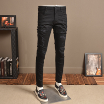 Hong Kong trendy brand 2021 new mens perforated personality jeans Korean slim stretch pants casual pants