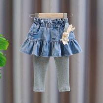 Child Spring Dress Girl Dress Pants Fake Two Spring Autumn Baby Pants Dress Denim Skirt Half-Body Little Girl Hit Bottom Pants Pants