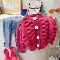 Korean version of the girl 2021 spring and autumn knitted cardigan childrens baby single-breasted Western style all-match casual sweater jacket