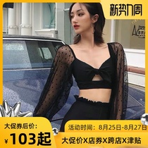  cicory new Korean sexy backless ins wind long-sleeved black bow gathered hot spring split swimsuit female