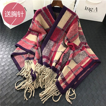 2021 Cape coat womens spring Korean version wild cape scarf dual-use long cardigan plaid wool shawl spring and autumn