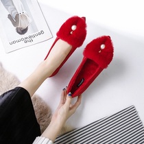 Red wedding winter Xiuhe shoes plus velvet flat bottom pregnant women wedding shoes female bride size hairy shoes 41 a 43 winter