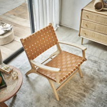 Nordic Balcony Solid Wood Saddle Leather preparation sofa chair Home Residential Retro Simple Backrest Single Deck Chair