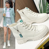 High-top shoes women 2021 new explosive spring and autumn leather inside shoes autumn Joker thick bottom side zipper womens shoes