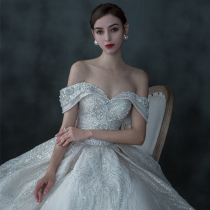 One-word shoulder main wedding dress 2021 new bride temperament long tailing Mori Super fairy dream cover thick arm small man