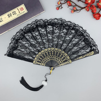 Prop Lorita Retro Wind Lace Qipao Fan Folding Fan Lace Fan Walking Show Hanfu Black Ensemble Fan small fan