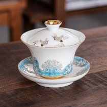 Leading Art Dehui White Porcelain Three Cai Bowl Tea Cup Ceramic Household Single Hand Grab Large Tea Bowl Tat Jade Tea set