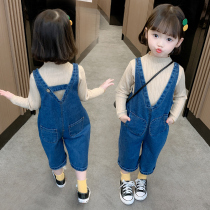 Girls Strap Pants Set 2021 New Chinese Childrens Casual Pants Children Baby Jeans Spring and Autumn Korean