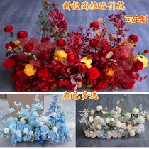 Wedding road guide flower wedding table decorative flower row long strip simulation flower red blue fake flower high-grade ground Row flower