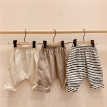 Small and medium-sized male and female summer striped card with its pure color anti-mosquito pants large pp loose pants sports wind baby casual pants