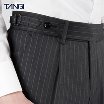 Tangji Mens Napoli Pants Mens Gray Striped Gentleman Paris Buckle Suit Pants Corg Pants Men