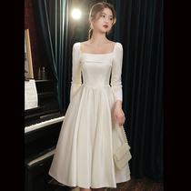 White small evening dress dress women autumn little man light luxury satin engagement dress usually wear French long sleeve