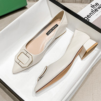 Hong Kong first layer cowhide thick-heeled high heels womens 2021 new summer with skirt pointed leather heel shoes