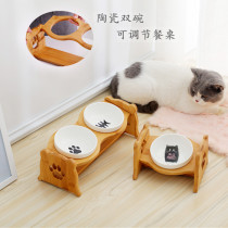 Cat bowl Dog bowl Ceramic double bowl Adjustable oblique mouth high foot neck bowl Drinking bowl Kitten adult cat bowl Small dog