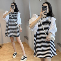 Pregnant womens summer suit net red fashion out short-sleeved womens summer skirt large size thin pregnant womens dress summer