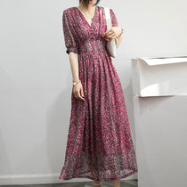 Red Chiffon floral dress womens summer French vintage v-neck five-point sleeve printing temperament waist a-line skirt