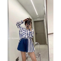 South Korea Dongdaemun 2021 summer new fashionable striped sunscreen shirt high waist wild thin shorts suit