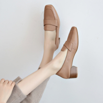 Genuine leather coarse heel single shoe woman 2022 Spring and autumn new Korean version with Lefoe shoes one foot pedal small leather shoes female grandma shoes