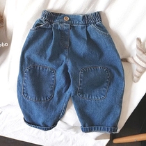 Spring and summer childrens new jeans Han version of patch jeans with boys and girls knee baby casual pants