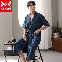 Cat Man Summer Mens Bath Robe Pure Cotton Short Sleeve Day Style Conjoined Pajamas Kimono One-piece Pyjamas